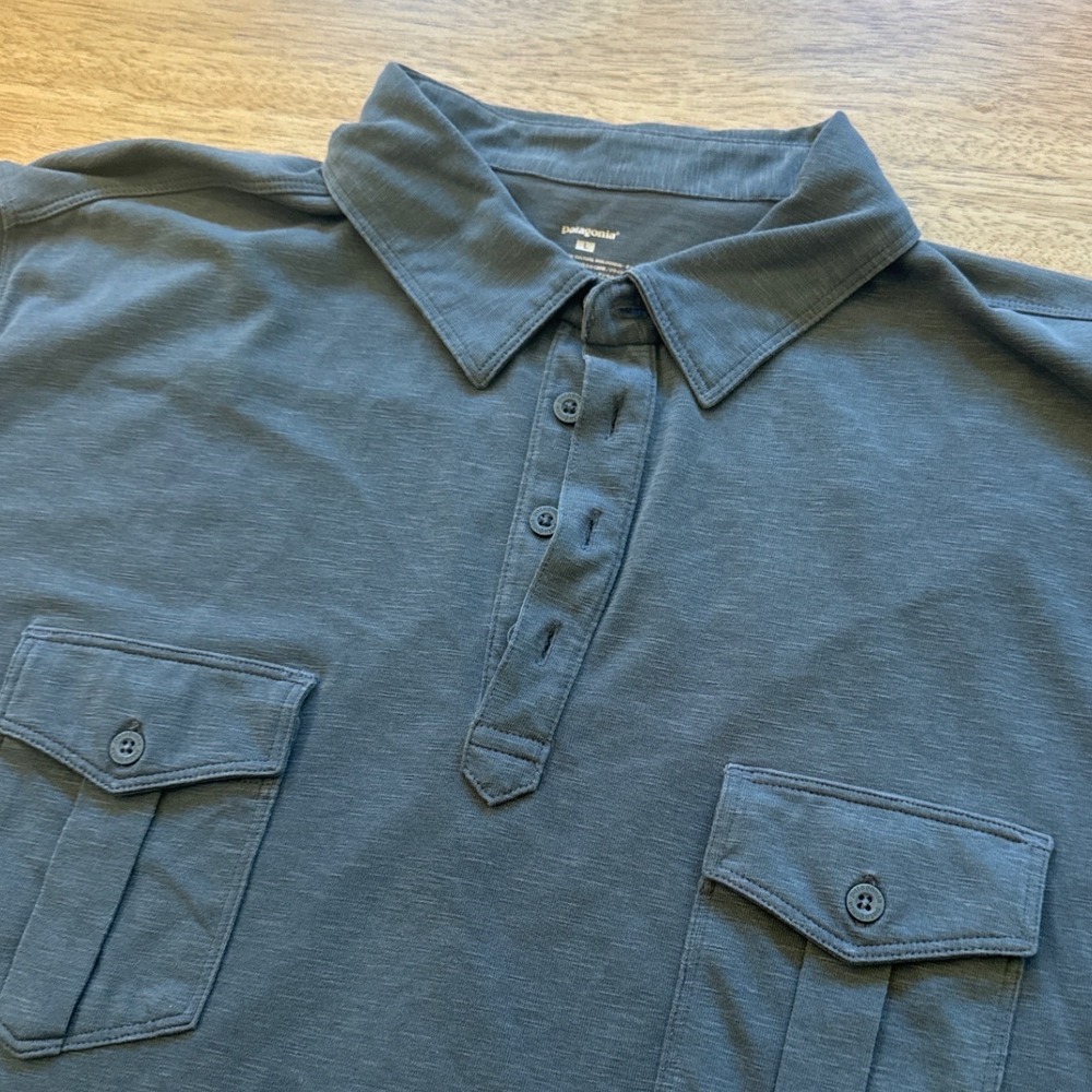 Patagonia Mens Large Blue Gray Organic Cotton Tencel Blend Utility Polo Shirt